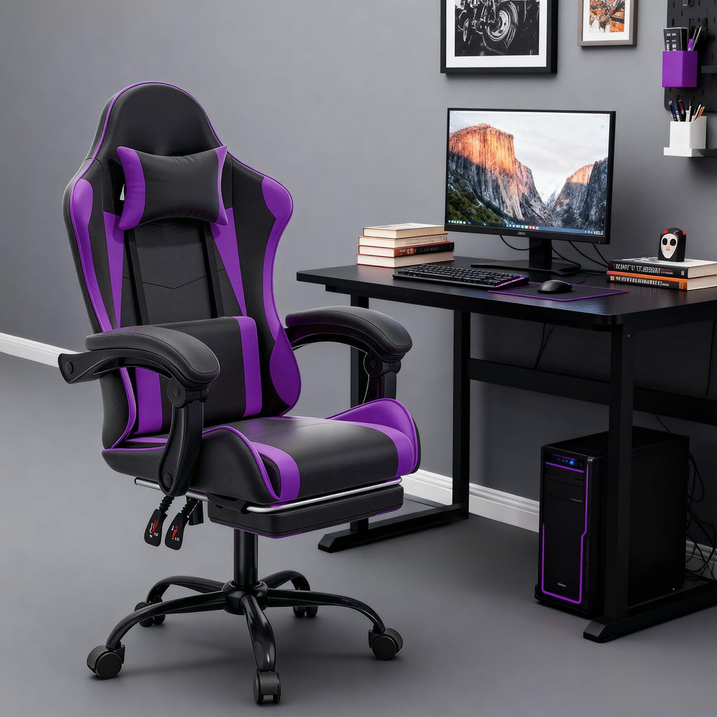 Gaming Chair, Footrest & Lumbar Support, Height Adjust, Purple