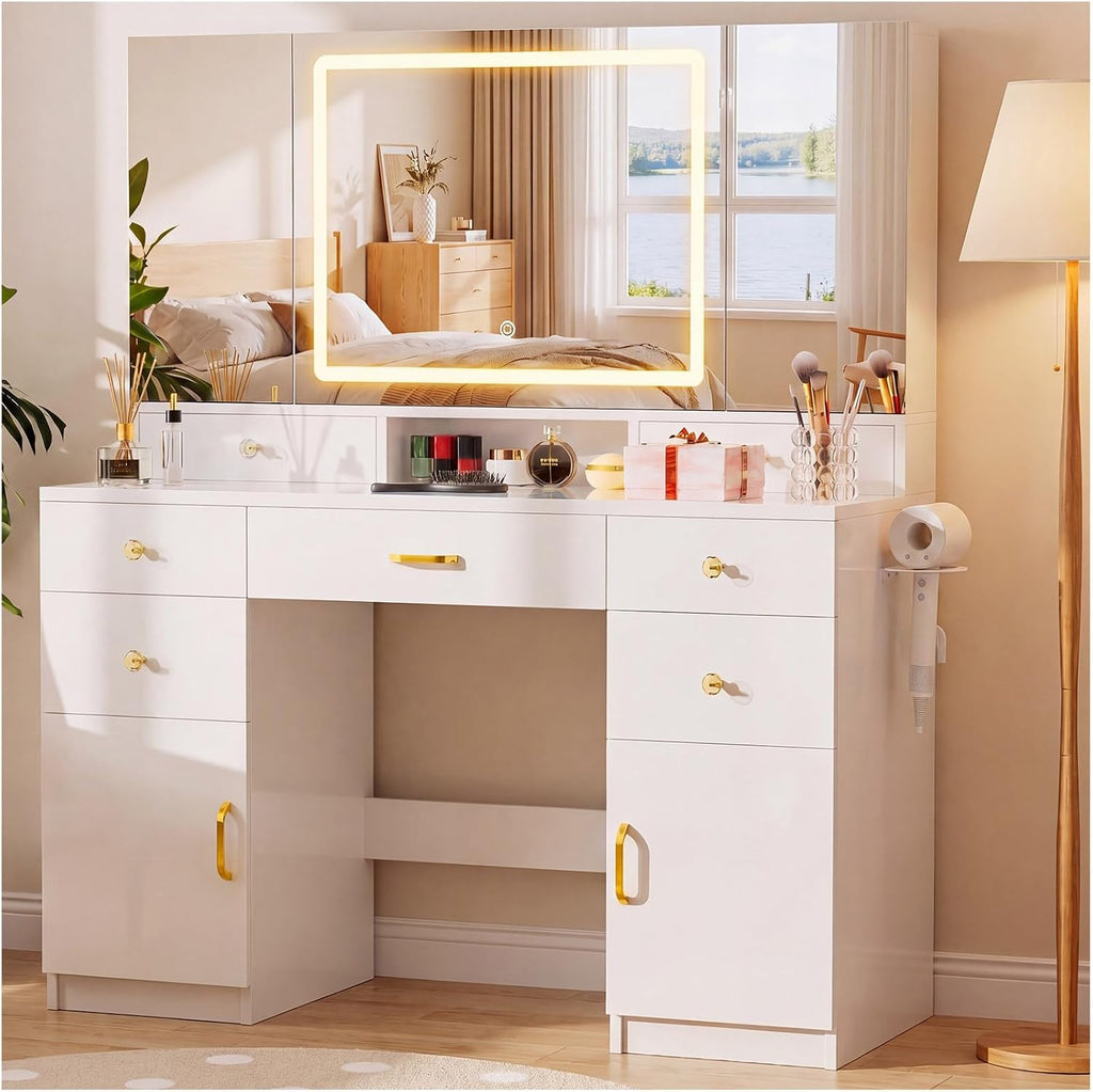 Vanity Desk with 3 Way Mirror and Lights, Large Makeup Vanity Table Set with Charging Station, 3 Lighting Modes &