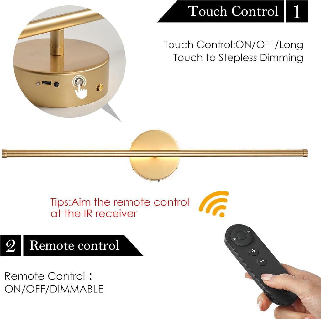 Battery Operated Wall Sconces with Remote Control, Dimmable Wall Sconces Set of Two, 350°Rotate, 3000K LED Gold