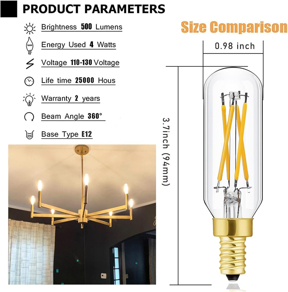 Vintage E12 LED Bulb 40W Equivalent, T6 T6.5, 3000K (Soft White), 450 Lumens, Dimmable Candelabra LED Tube Bulbs 4W