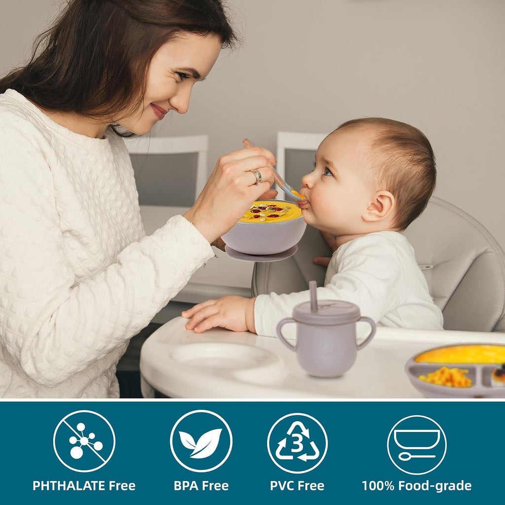 100% Silicone Baby Feeding Set, BPA Free, 9 Pcs: Suction Bowl, Divided Plate, Toddler Self Feeding Dish Set