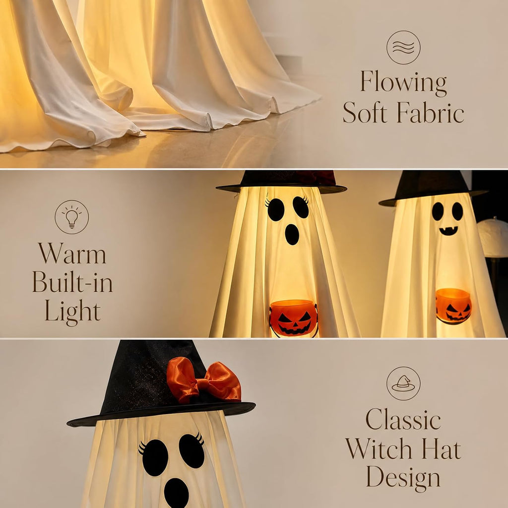 Halloween Decorations Indoor Lighted Ghost, 2 Pack Cute Light Up Ghosts - Set of 2