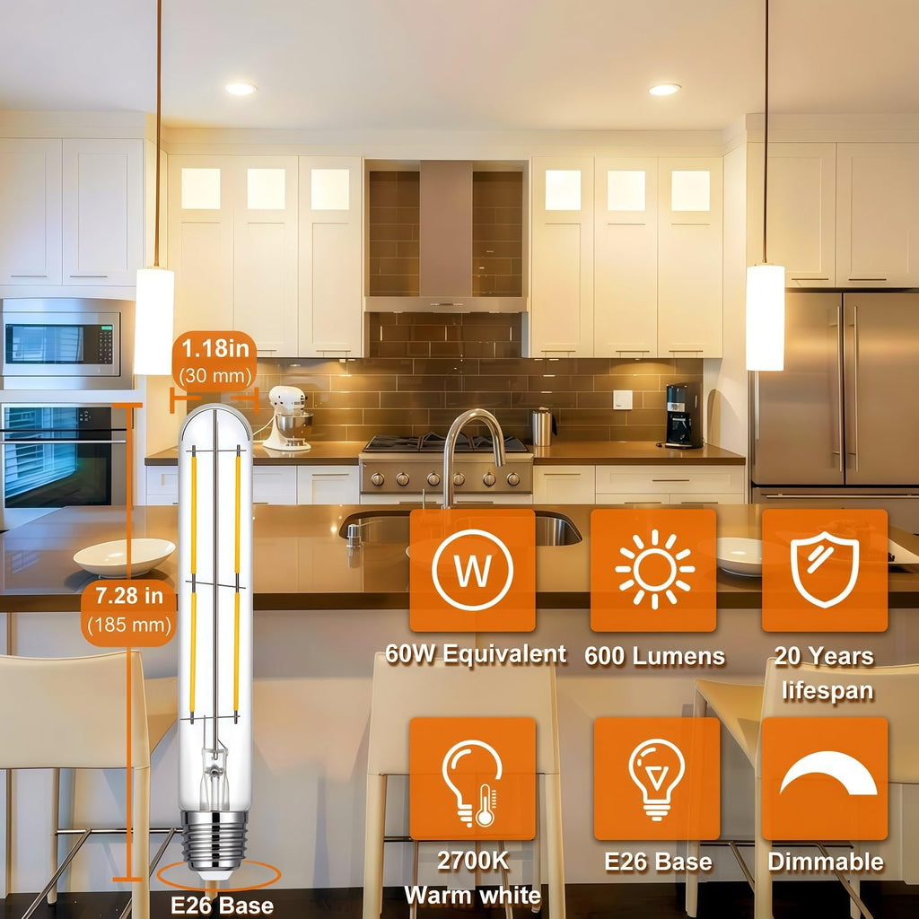 7.3 Inch LED T10 Tubular Edison Bulb 2700K 6W Dimmable E26 Base