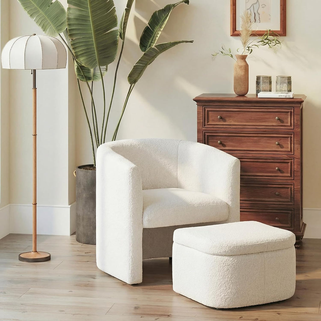 Velvet Morden Living Room Chair with Storage Ottoman, Barrel Accent Chair with Lounge Seat /Reading Spaces