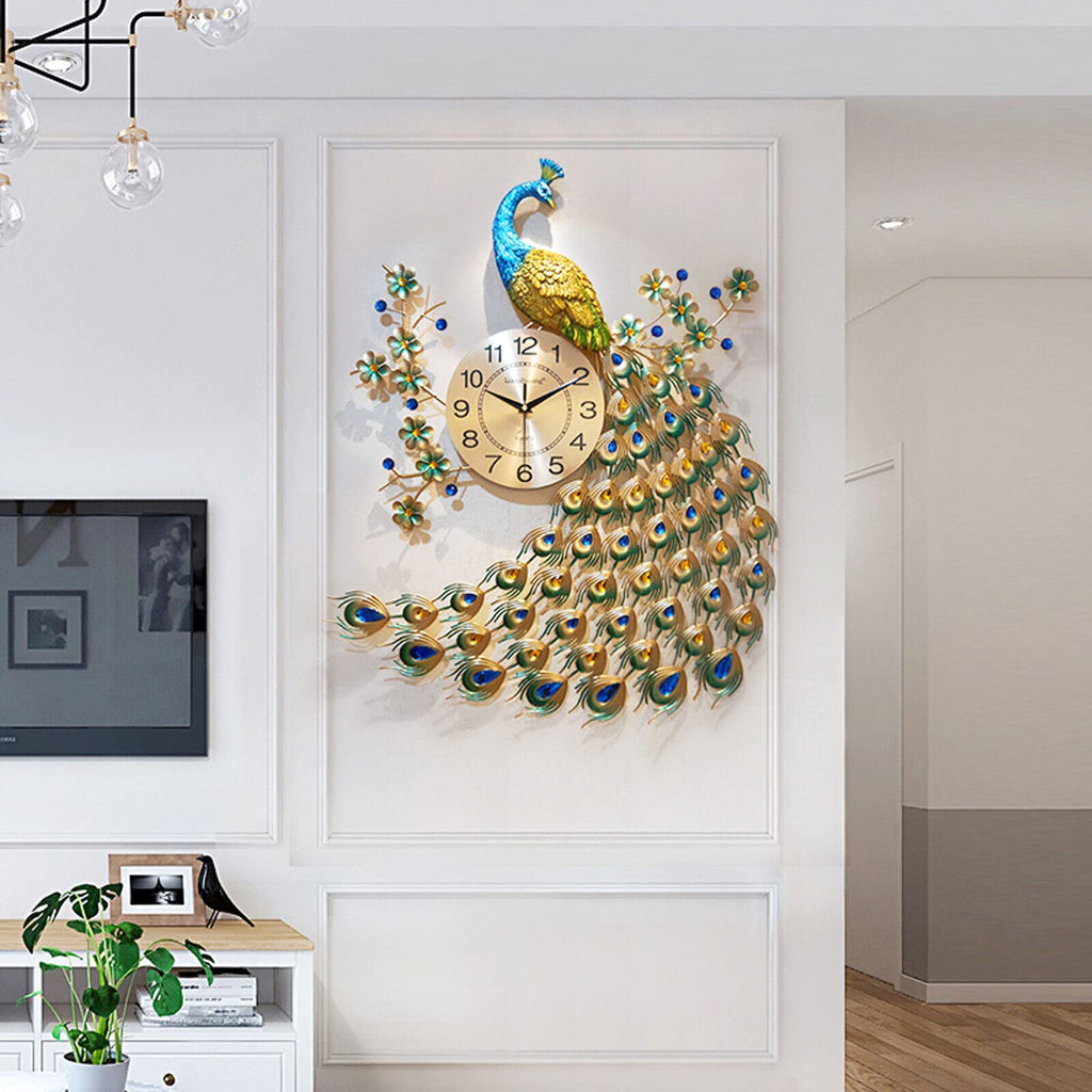 29.5" Large Peacock Wall Clock Crystal Decor, 3D Creative Luxury Wall Clock Silent Non-Ticking Battery Operated