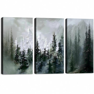 Nature Landscape Framed 3‐Panel Canvas Wall Art, Textured Impasto Foggy Conifer Forest With Misty Mountain Backdrop
