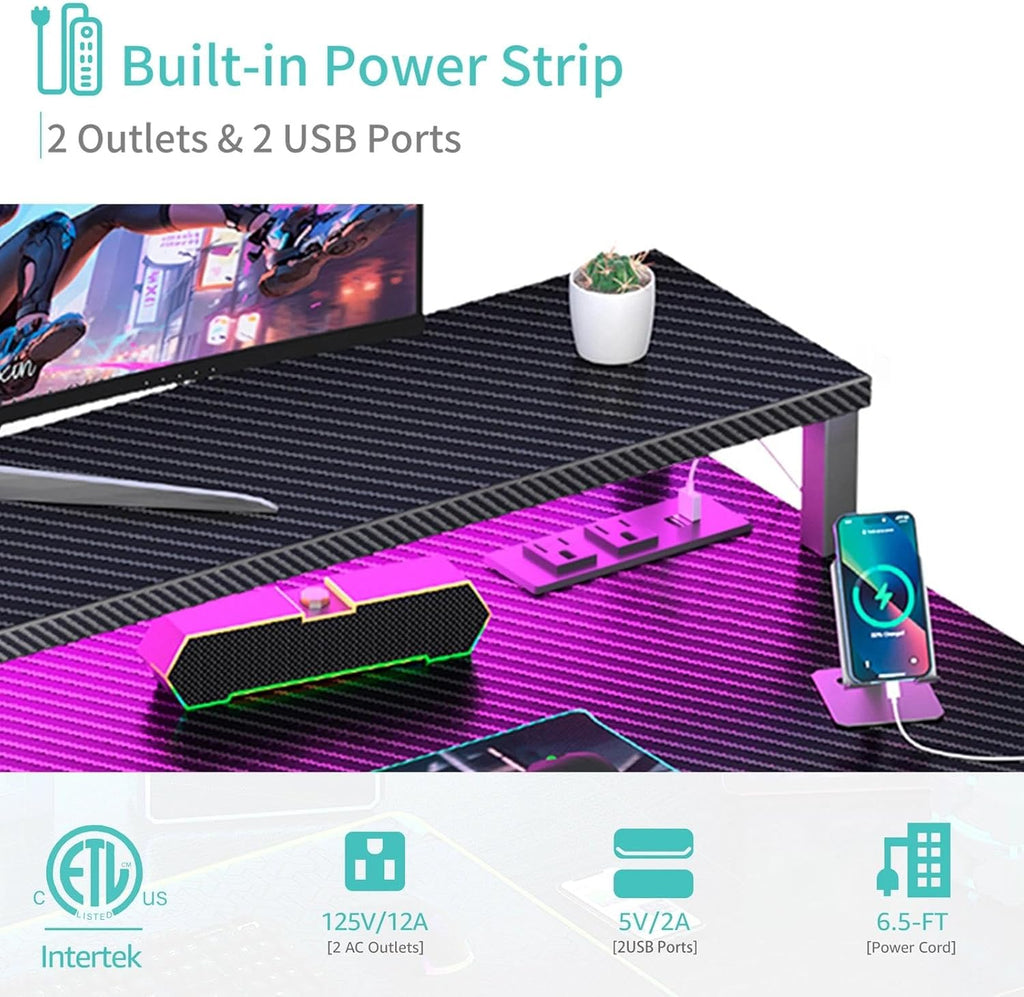 Gaming Desk with Power Outlets and LED Lights, 40 Inch Gamer Desk Table with Charging Station, Home Office Computer