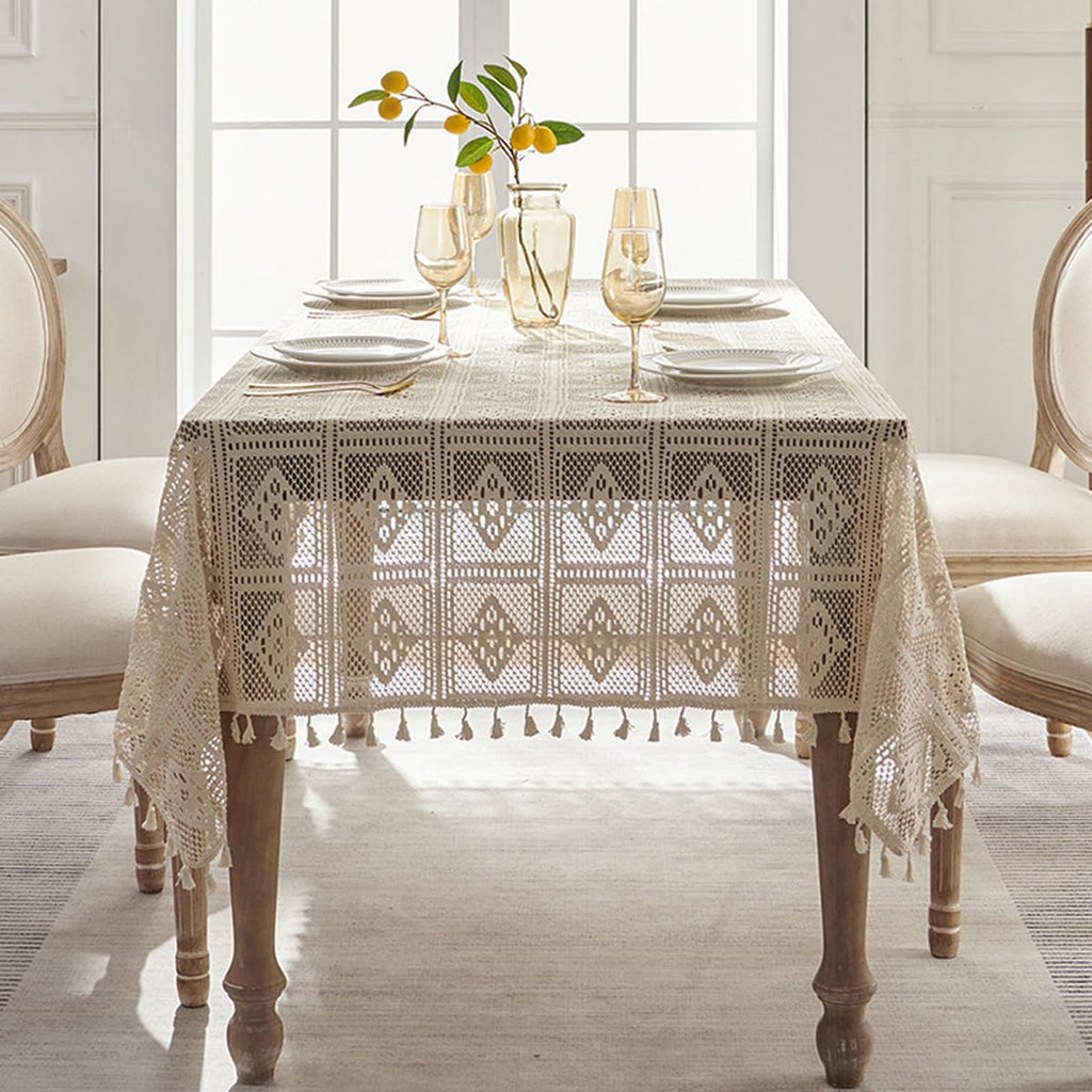 Bohemian Cotton Linen Tablecloth, Beige, 60"x70"