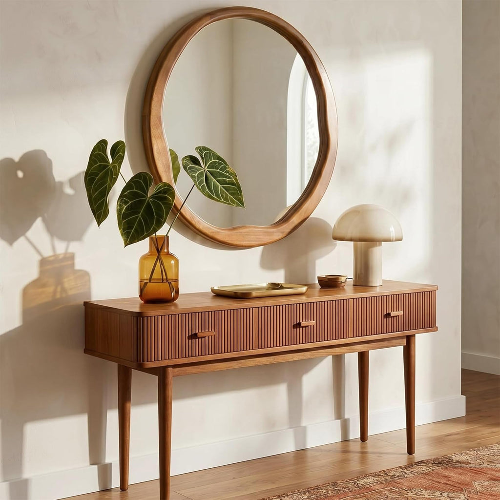 24 Inch Warm Walnut Round Wood Bathroom Mirror, Wavy Inner Edge