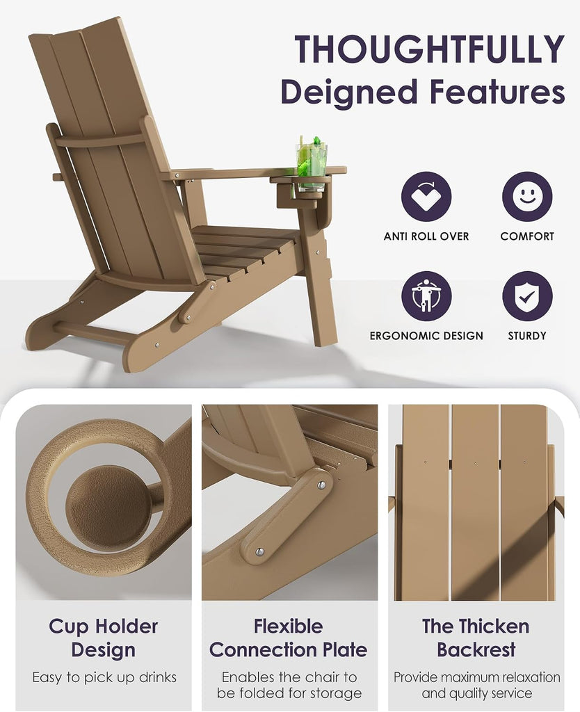 Folding Adirondack Chairs, All-Weather Resistant HDPE Patio Firepit Chairs, Sturdy Outside Chairs with Cup Holder