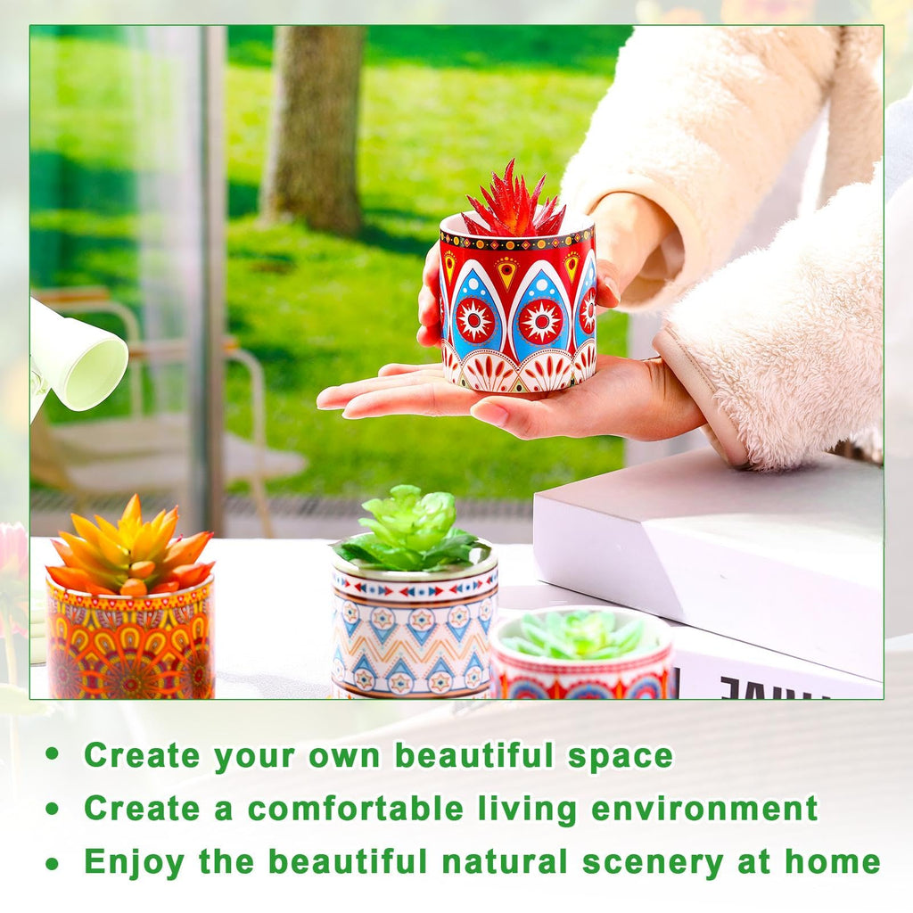 12 Pcs Mandala Ceramic Succulent Pots with Bamboo Trays, Colorful Boho Spring Decor Planters, Small Cactus Plant Pots