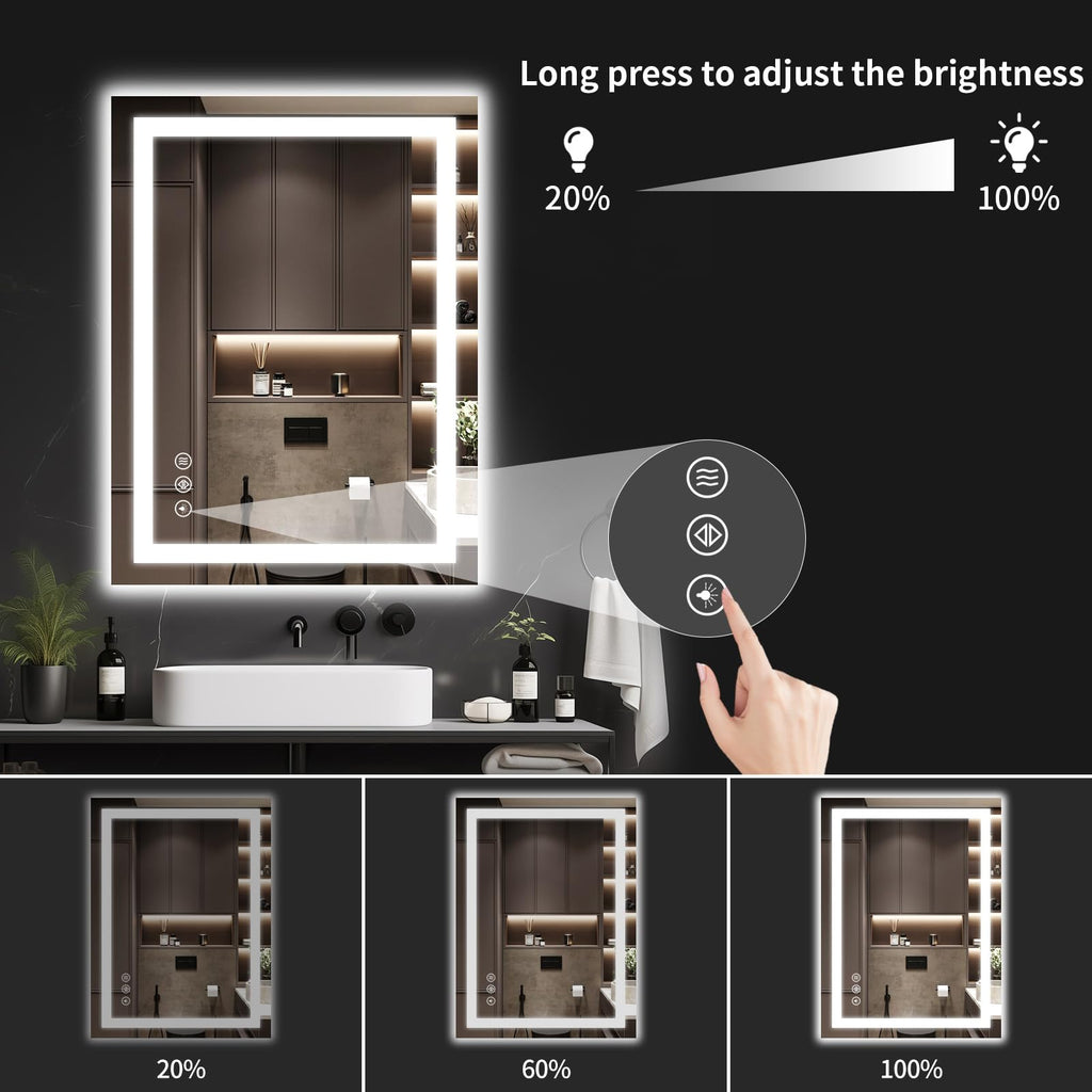LED Bathroom Mirrors 24"x40" Bathroom Mirror with Lights for Wall, Backlit + Front Lit, 3 Colors, Anti-Fog, Dimmable