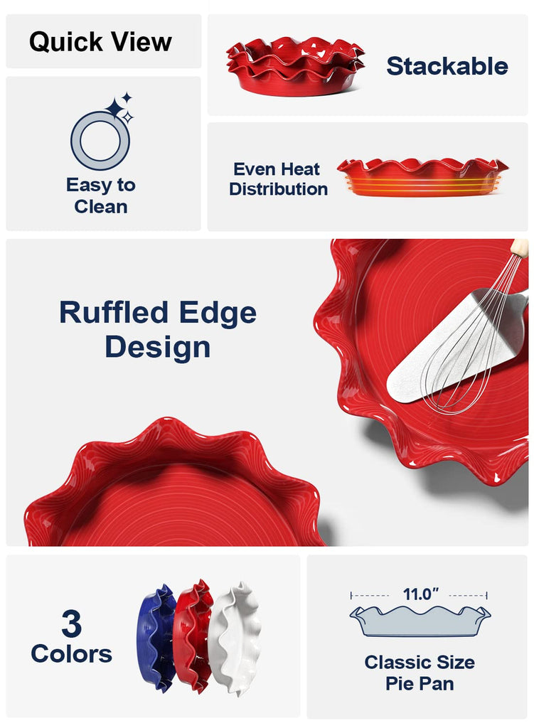 Ceramic Pie Pans for Baking, 11 Inches Deep Dish Pie Plate for Apple Pie, 48 Ounce Baking Dish with Ruffled Edge, Set