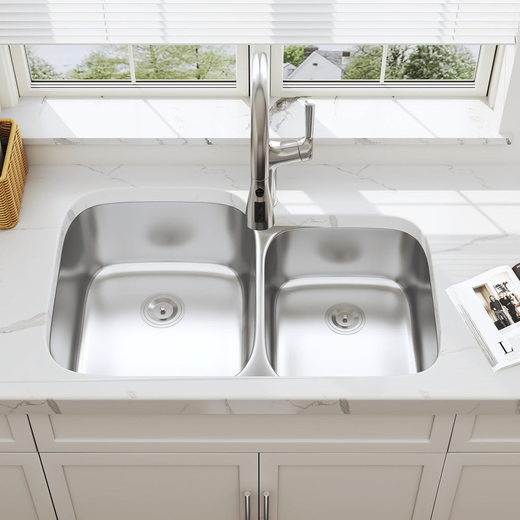 32 Inch Undermount 60/40 Double Bowl Stainless Steel Kitchen Sink | 304 Stainless Steel, 18 Gauge Thickness