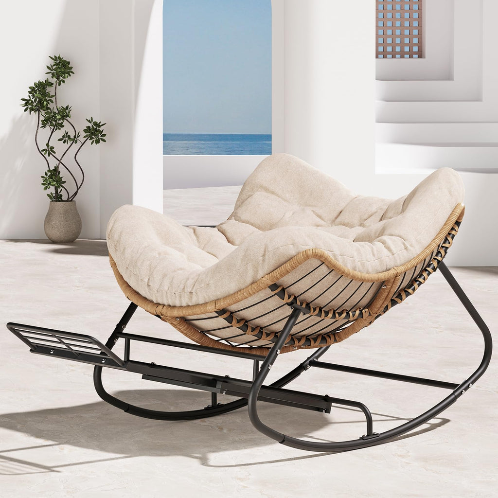 Papasan Rocking Chair with Footrest, Outdoor Wicker Egg Rocker, Khaki