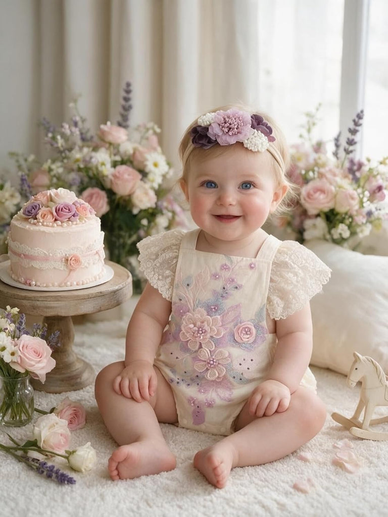 Baby Girl Lace Romper Delicate Embroidery Backless Bodysuit with Flower Headband 2pcs Cake Smash Outfit...
