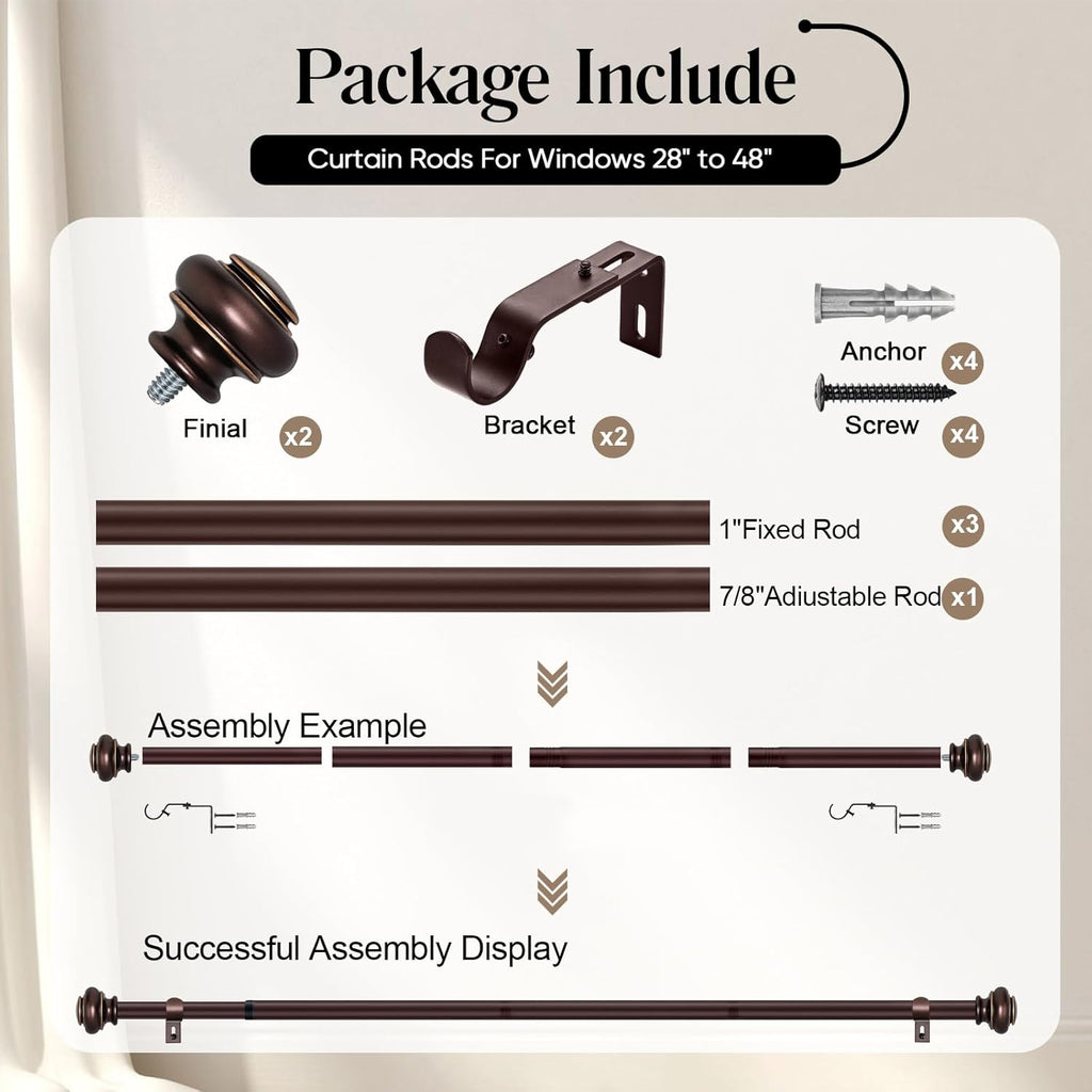Heavy Duty Curtain Rods for Windows 28 to 48 Inches, Bronze Curtain Rods with Classic Finials