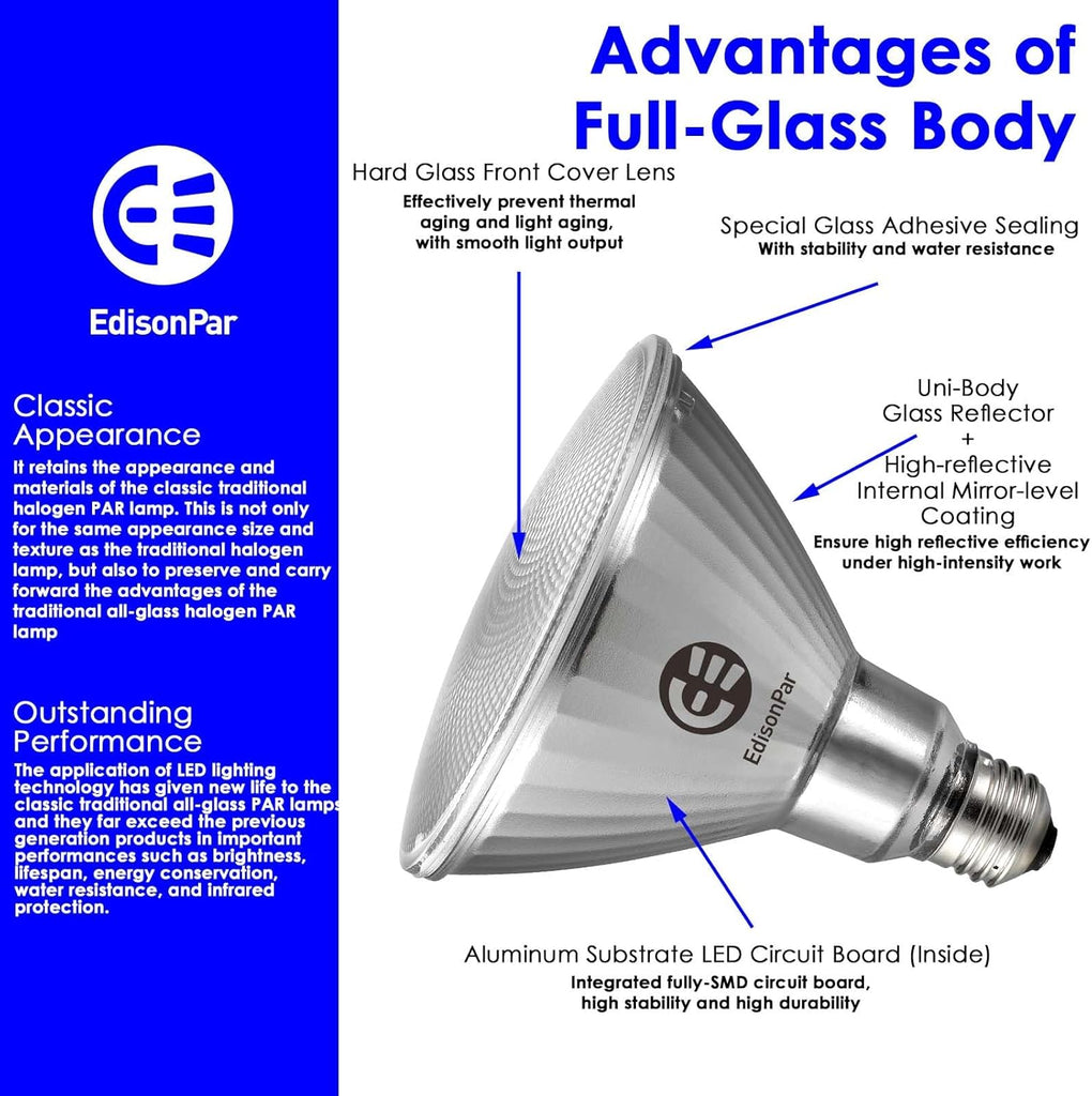 Full-Glass PAR38 LED Flood Light Bulbs Outdoor/Indoor Equivalent 300 Watt, 4000 Lumens Ultra Bright, Non-Dimmable