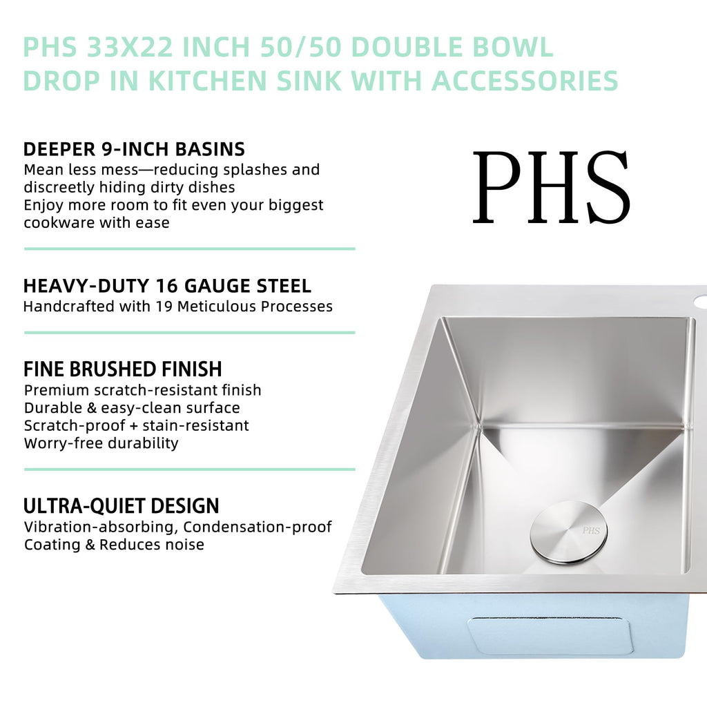 33 Inch Drop In Double Bowl Kitchen Sink 50/50-16 Gauge Stainless Steel Overmount Kitchen Sink 33x22 with