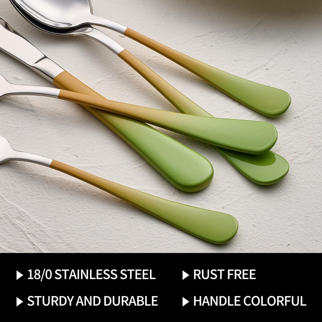 20-Pieces Color Silverware Sets for 4,Green and Orange Handle Stainless Steel Cutlery Set, Include Forks Spoons and