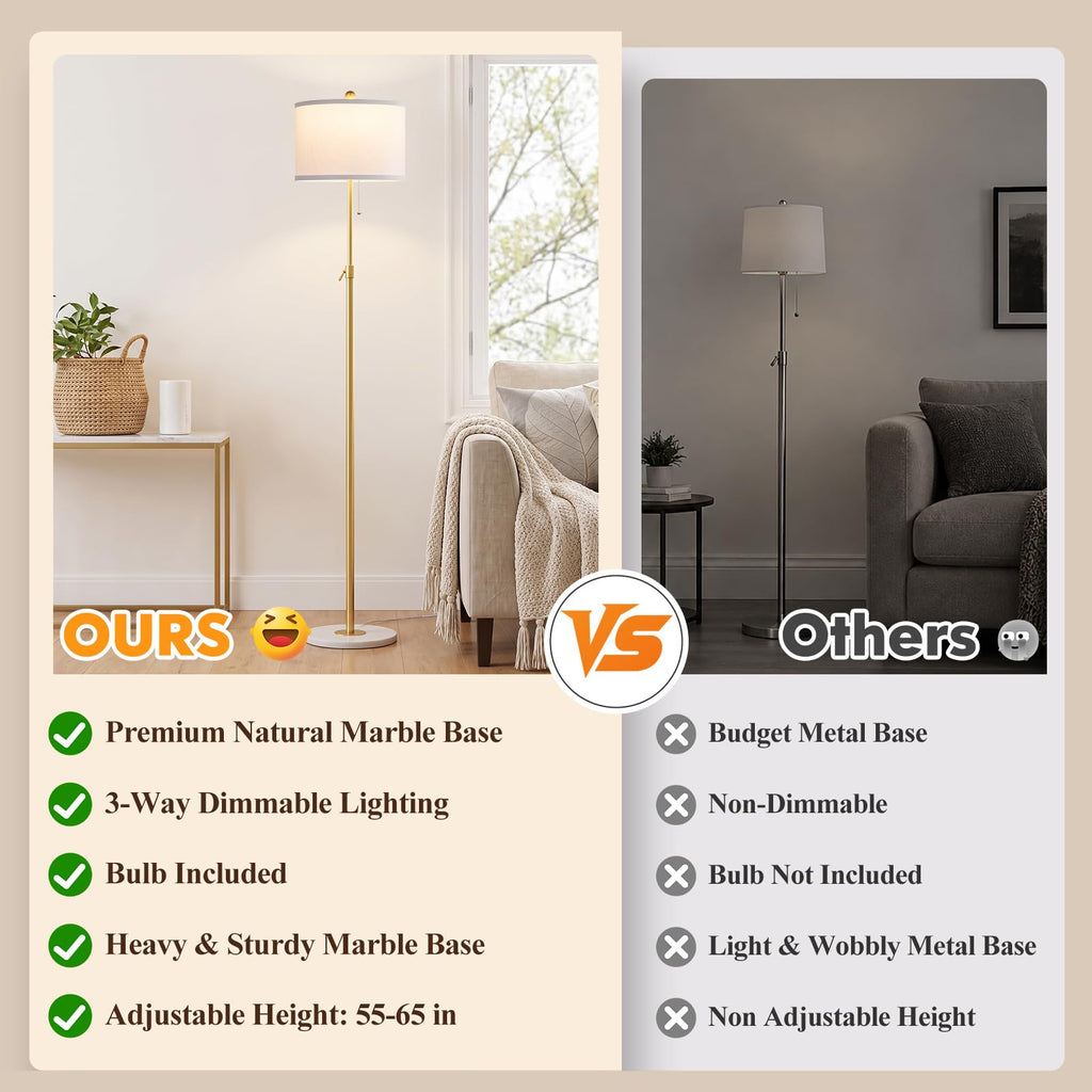 Gold Floor Lamp with Marble Base, 56-65" Height Adjustable Pole Lamp