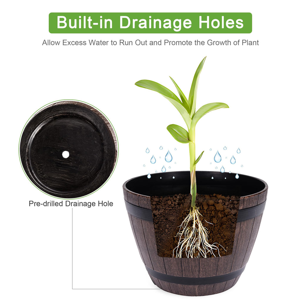 Plant Pots with Drainage Holes & Saucer, 13 Inch Flower Pots with Tray, 3 Pack Plastic Whiskey Barrel Planters for