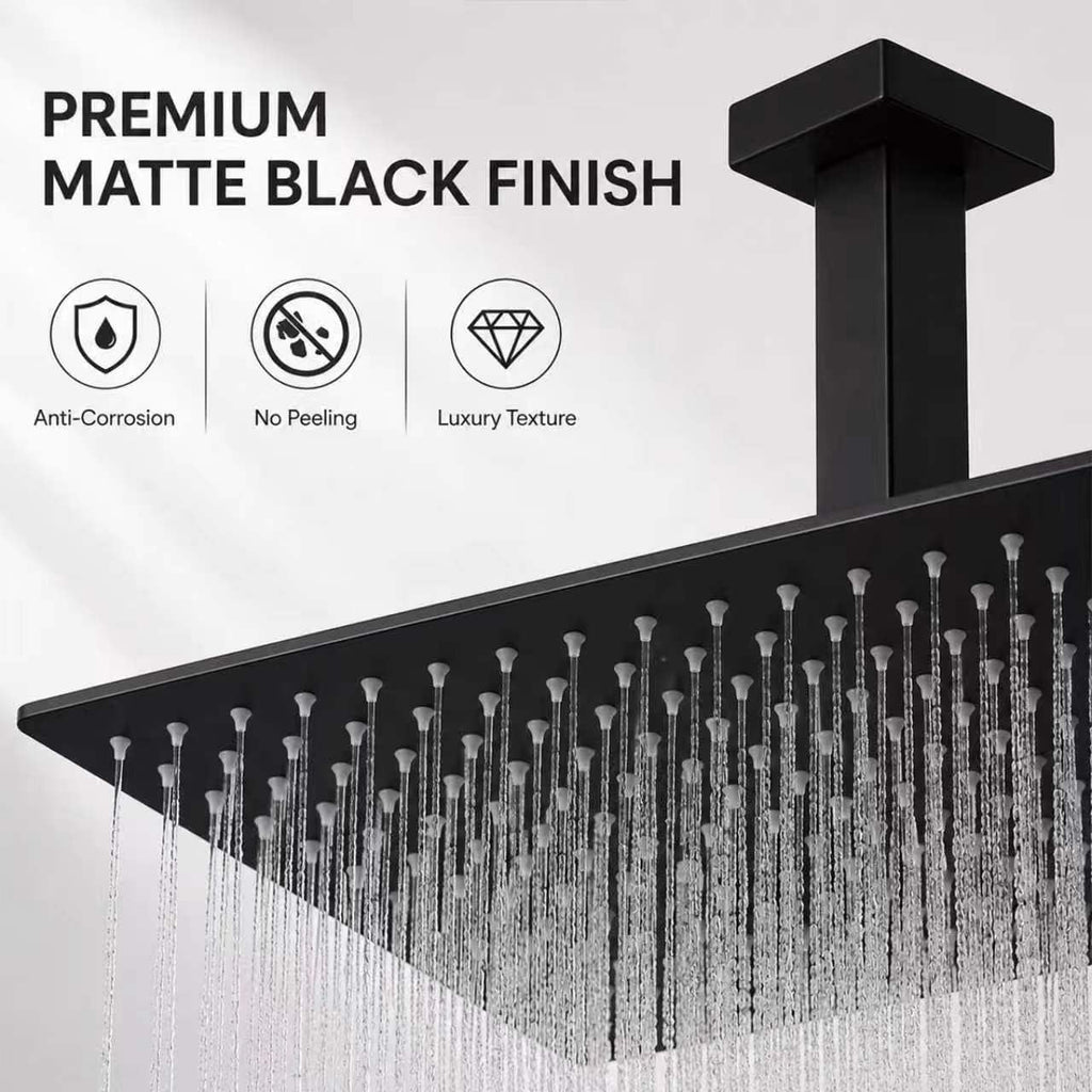 Black Rainfall Shower Head 16 Inch Square Ceiling Mounted Showerhead, Ultra Thin Stainless Steel Overhead Shower