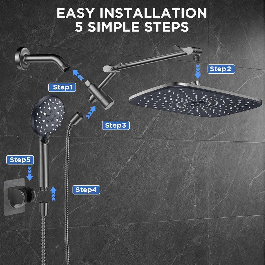 Gunmetal Gray 11.8" High Pressure Shower Head with Handheld, Durable