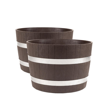 Better Barrel 2-Pack, 24-Inch Outdoor Planter, Walnut - Rustic Whiskey Barrel Style Heavy-Duty Resin Pot with Rusting