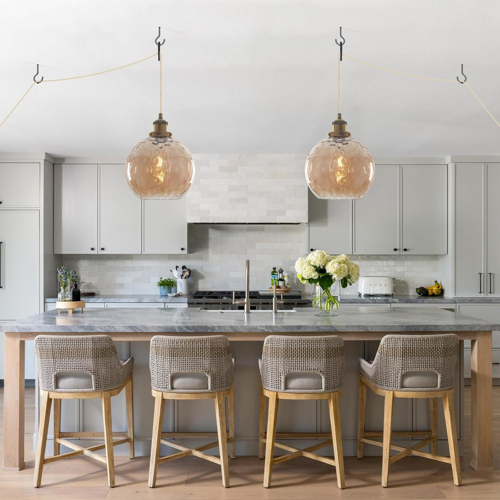 Plug in Pendant Light, Amber Brown Glass Chandelier Hanging Light Fixture for Dining Room