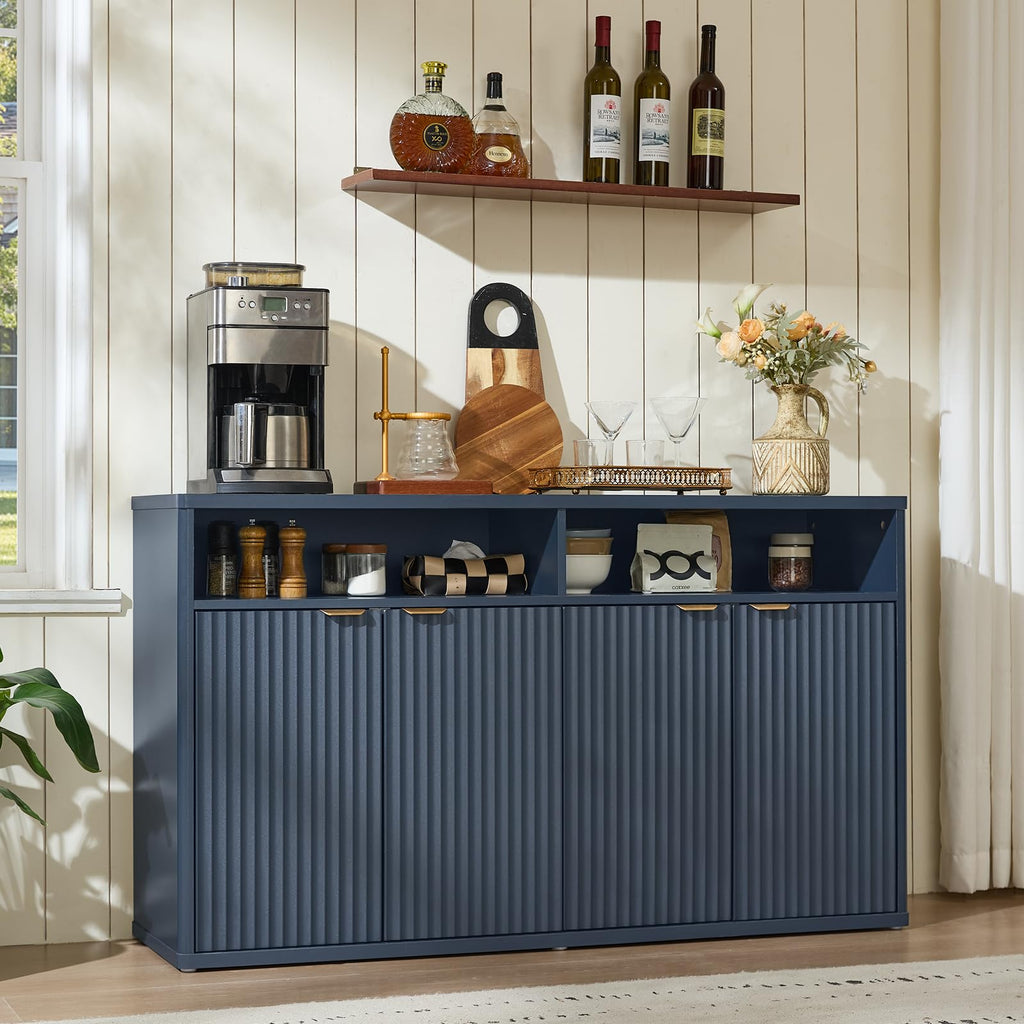 55-Inch Fluted Buffet Cabinet with 4 Doors, Dark Blue