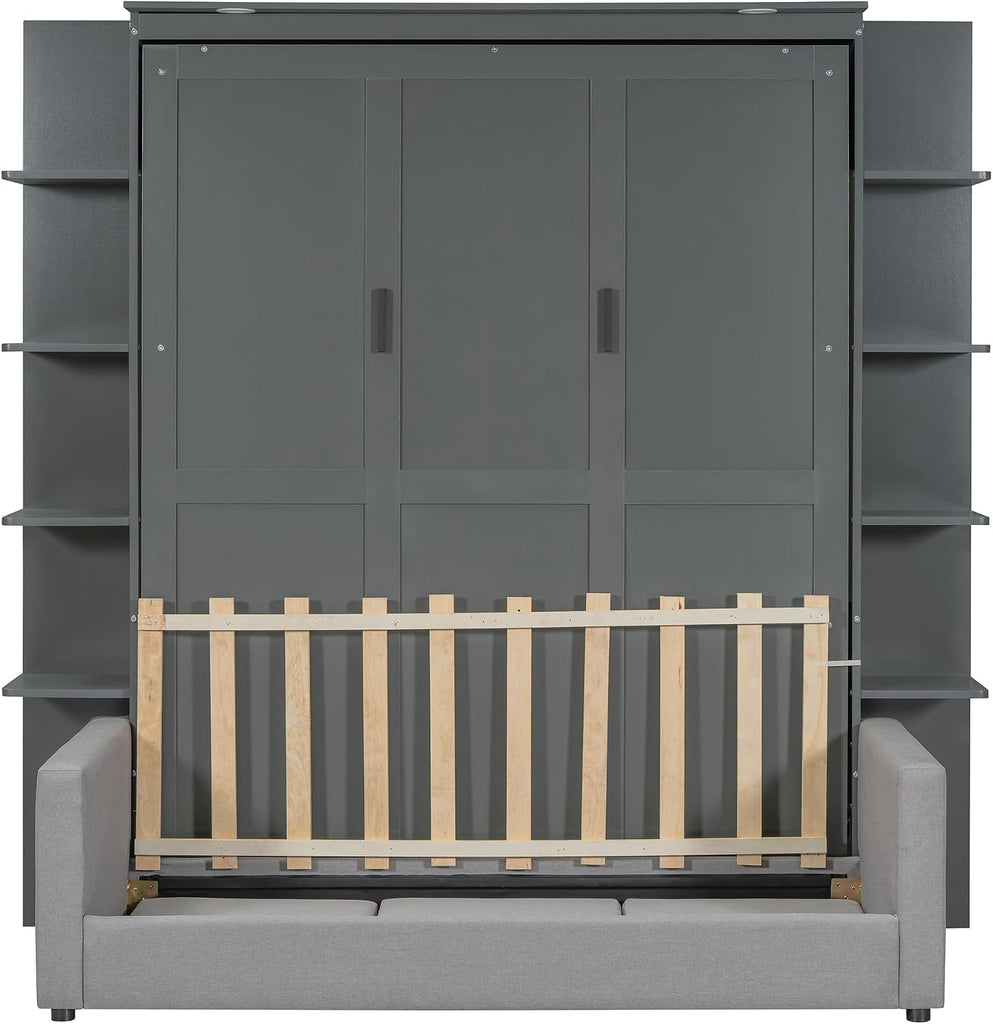 Murphy Bed, Queen Wooden Wall Bed with Sofa for Bedroom, Wood Slat Support, No Box Spring Needed, Easy Assembly, Grey