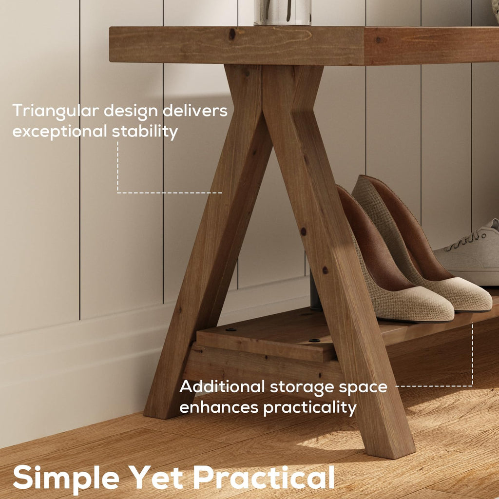 51" Solid Wood Bench, Long Farmhouse Entryway Bench with Storage