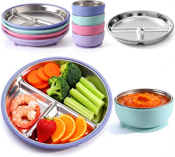 8 Pcs Stainless Steel Baby Plates Bowls with Suction Set,Gray