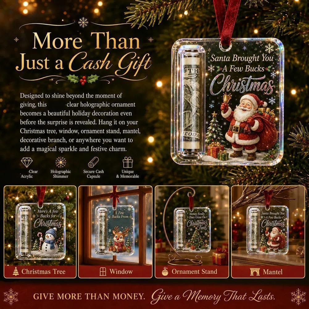 Christmas Cash Gift Ornament, Acrylic Clear Christmas Money Holder for Cash, Funny Holiday Xmas Tree Hanging
