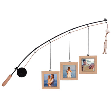 Fishing Pole Picture Frame - Fishing Wall Decor with 3-Pack 4" x 4" Wood Frames for Lake Cabin Farmhouse