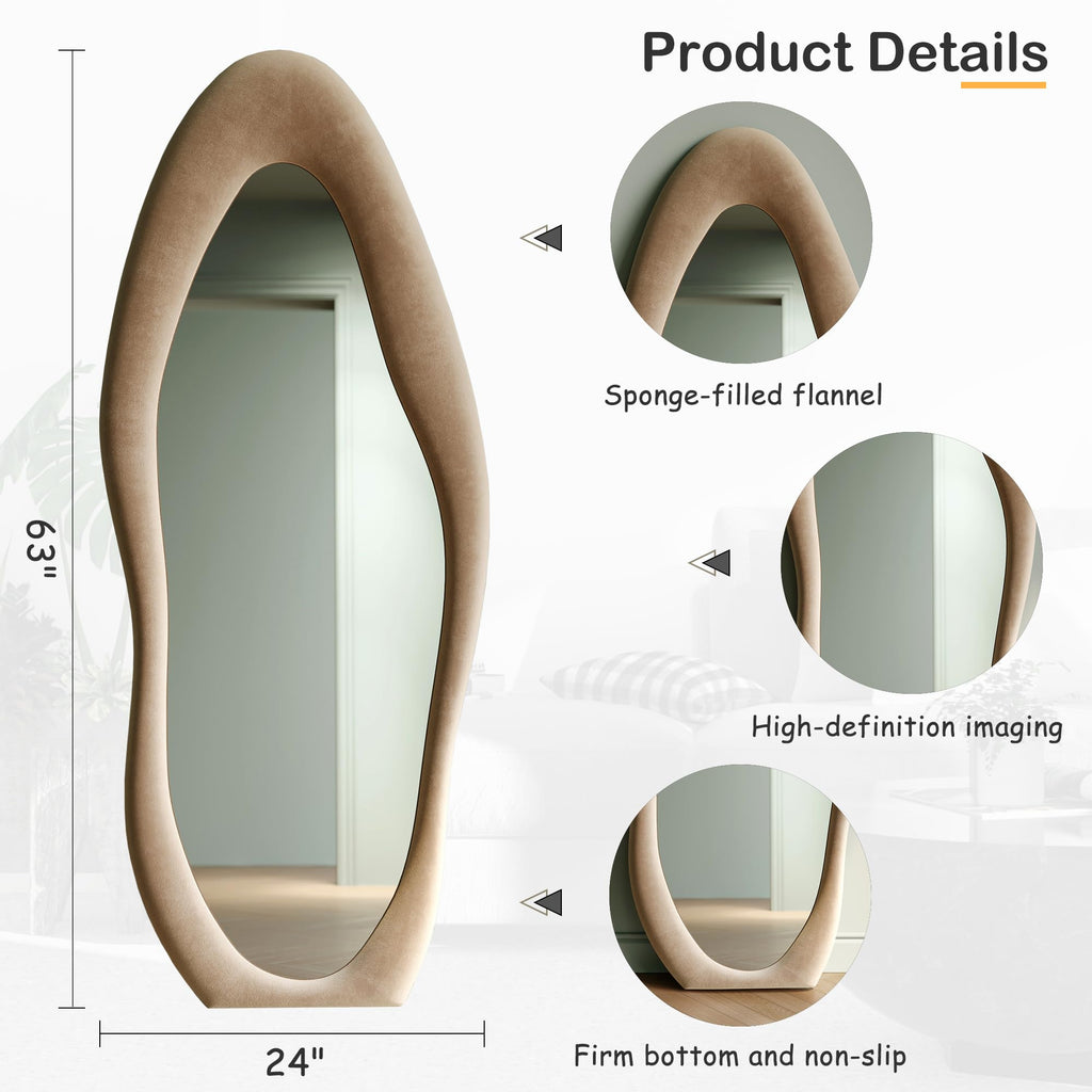 Full Length Mirror, 63" x 24" Wall Mirror, Flannel Wrapped Wooden Frame Floor Mirror, Irregular Wavy Mirror Hanging