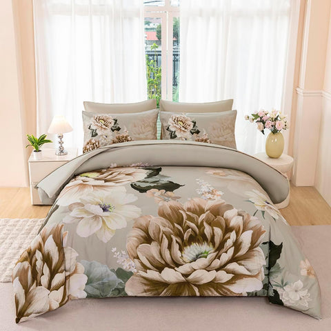Comforter Set Full Khaki Floral Bedding Set 7 Pieces Flower Bed Set with Sheets Reversible Large Peony Printed On