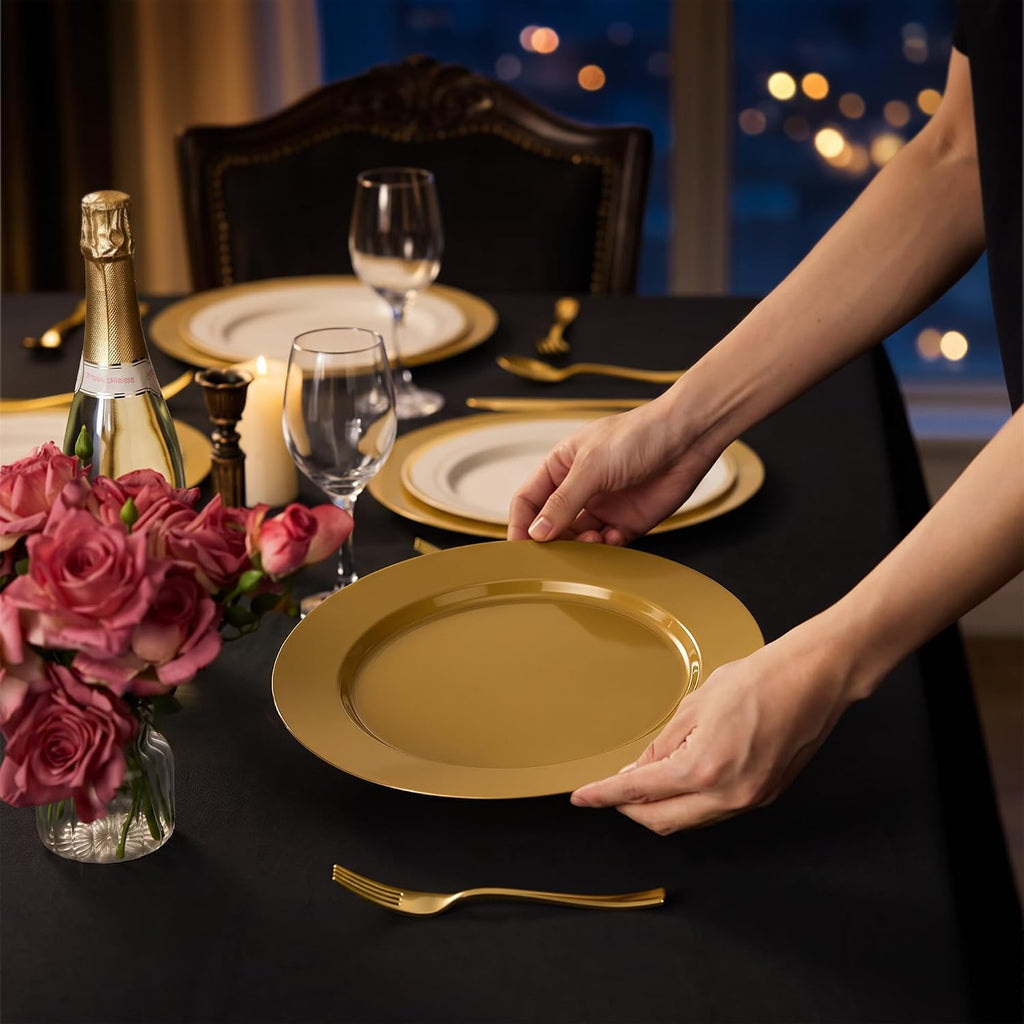 Inch Charger Plates, 25 Pack Gold Charger Plates, Plastic Charger Plate Bulk for Dinner, Wedding, Party, Event - Set of 25