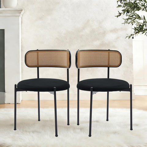 Rattan Dining Chairs Set of 2, Mid-Century Modern Dining Chairs with Cane Back and Boucle Upholstered Seat, Farmhouse Kitchen Chairs, Black
