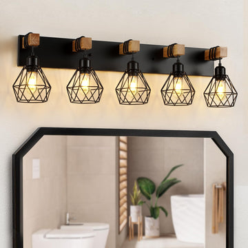 5 Light Bathroom Vanity Light, Farmhouse Black Fixture Over Mirror