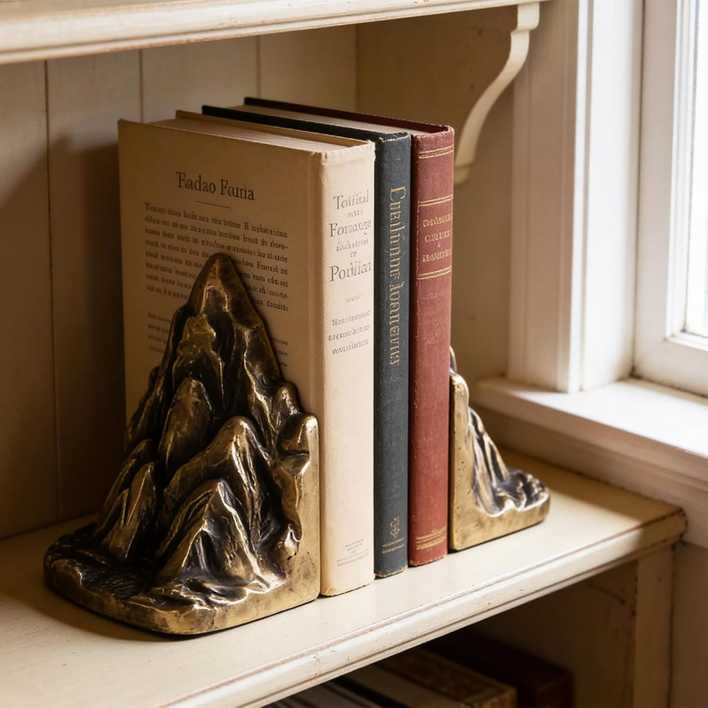 Mountain Bookends Set of 2, Resin Rock Bookends with Painted Finish, Decorative Mountain Shelf Decor for Bookshelf