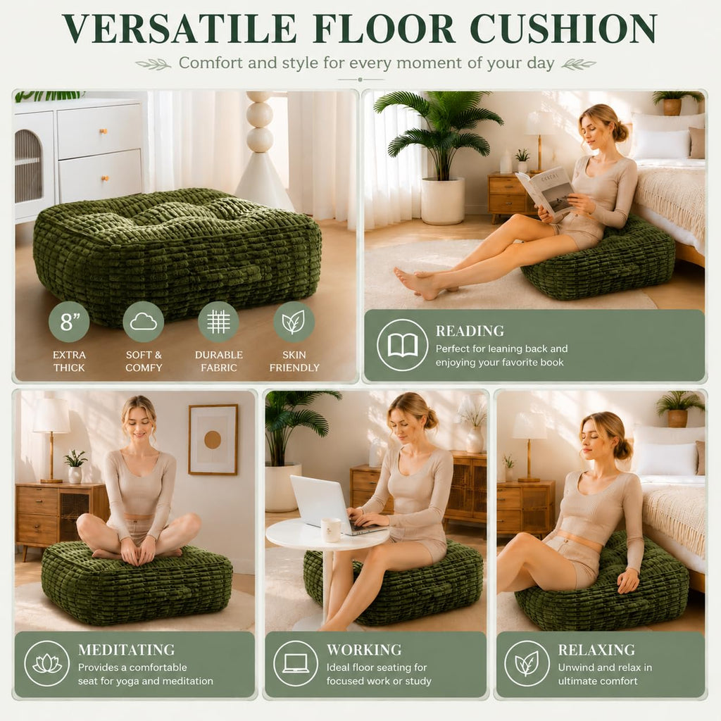 8" Extra Thick Floor Pillow Cushion for Adults, 22x22 Large Square Meditation Cushion with Handle, Memory Foam
