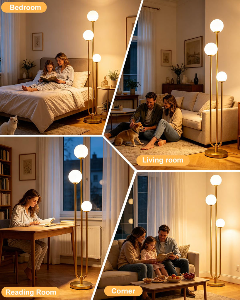 63IN Gold Floor Lamp Dimmable 3-Lights Globe LED Floor Lamps with 3000K Soft Warm White for Wedding/Party Tall Lamp