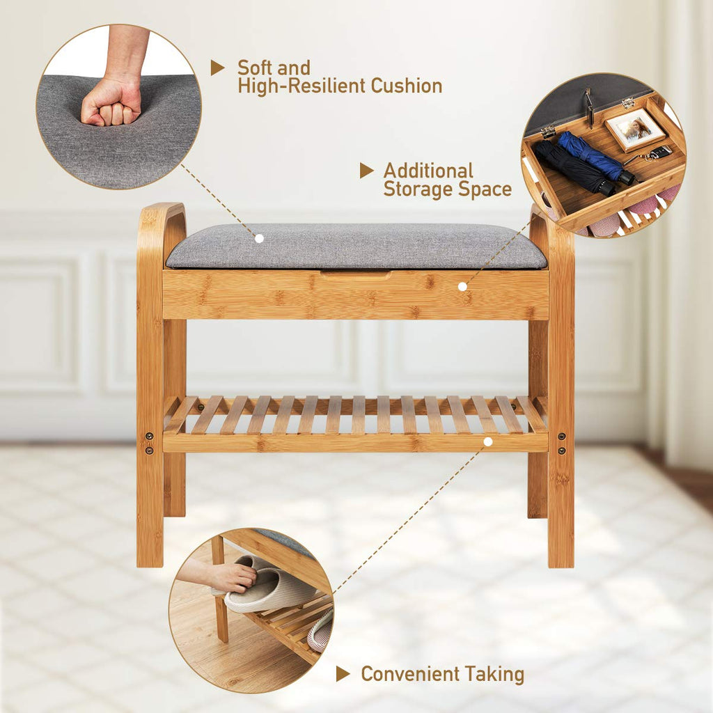 Bamboo Entryway Shoe Bench, 2 Tier Sturdy Shoe Rack with Flip Top Storage Space and Padded Cushion, Compact Shoes