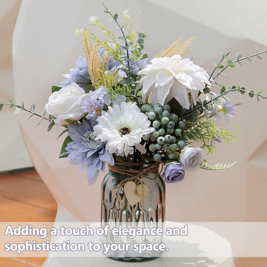 Fake Flowers with Vase, Silk Dusty Blue Rose Hydrangea Artificial Flowers in Vase Faux Dahlia Flowers Arrangement