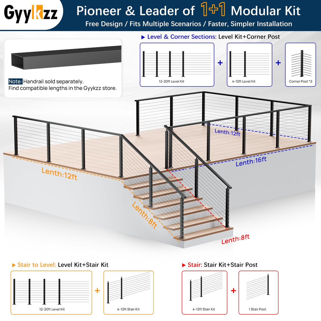 36" Black Cable Railing Corner Post, T-Drilled Three-Side Deck Post