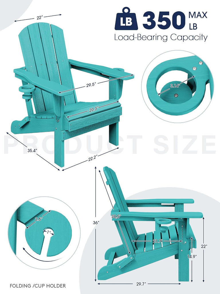 Folding Adirondack Chair Set of 2 with 2 Cup Holders, Aruba | HDPE Composite | Waterproof | Wood Grain | Hidden Cup &