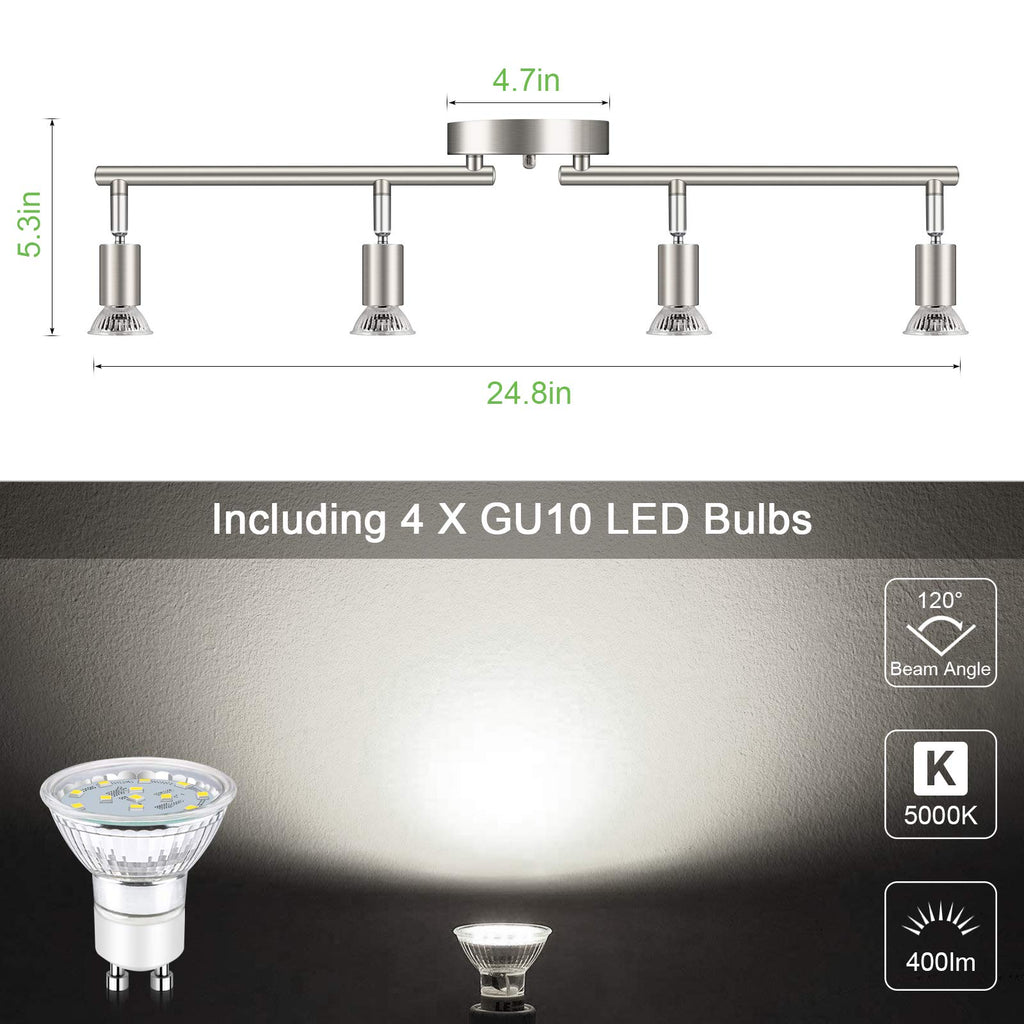 LED 4 Light Track Lighting Kit, 24.8'' Matt Nickel 4 Way Ceiling Spot Lighting, Flexibly Rotatable Head, Modern Track