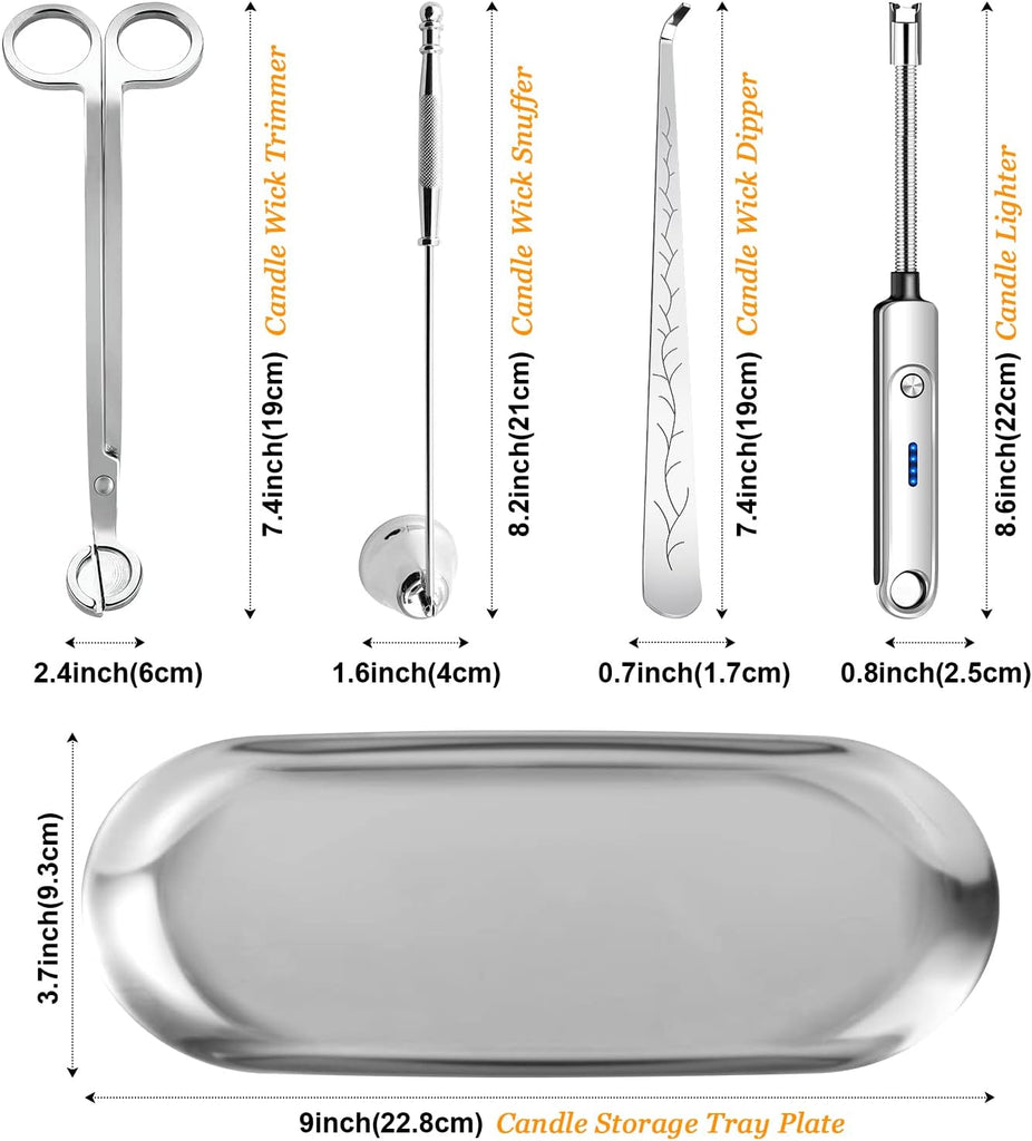 Candle Accessory Set with Rechargeable Electric Lighter, Storage Tray, Wick Trimmer, Snuffer, Dipper - Stainless - Set of 5